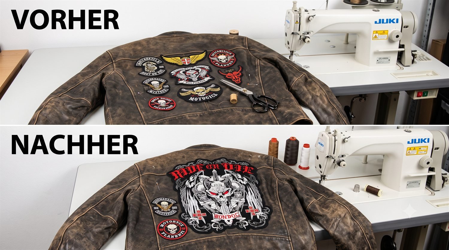Lederjacke mit neu aufgenähten Aufnähern – vorher und nachher